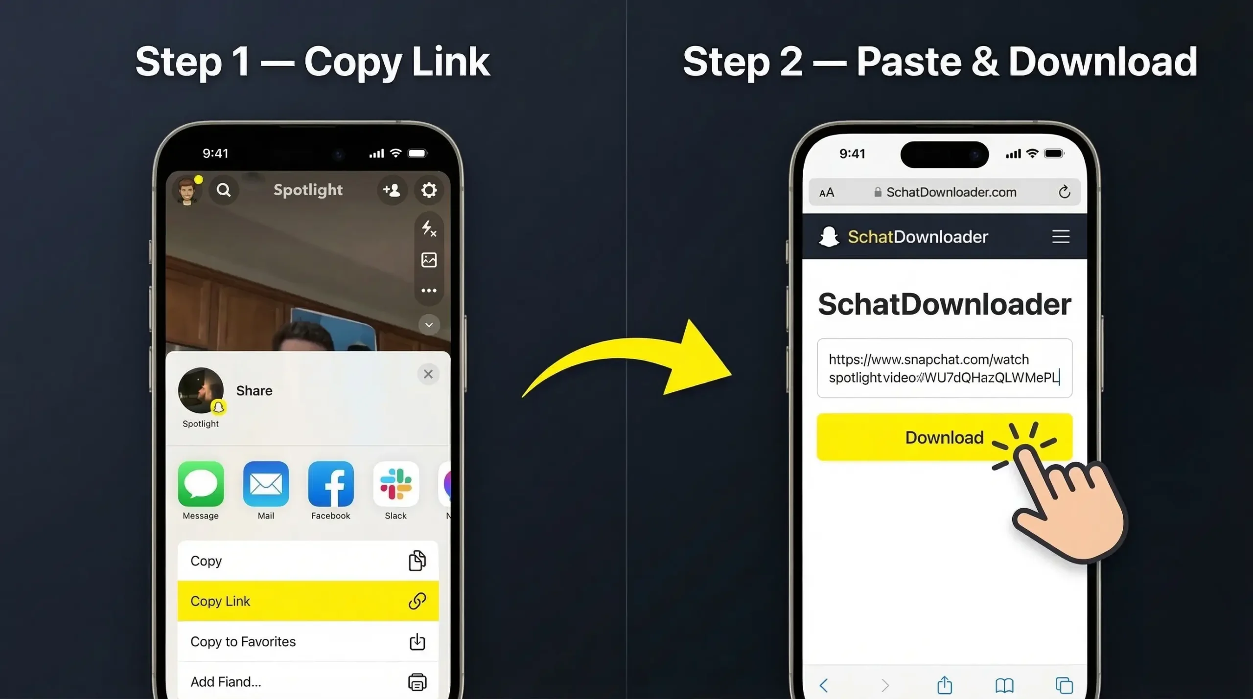Android phone showing Snapchat Spotlight share menu with Copy Link option highlighted