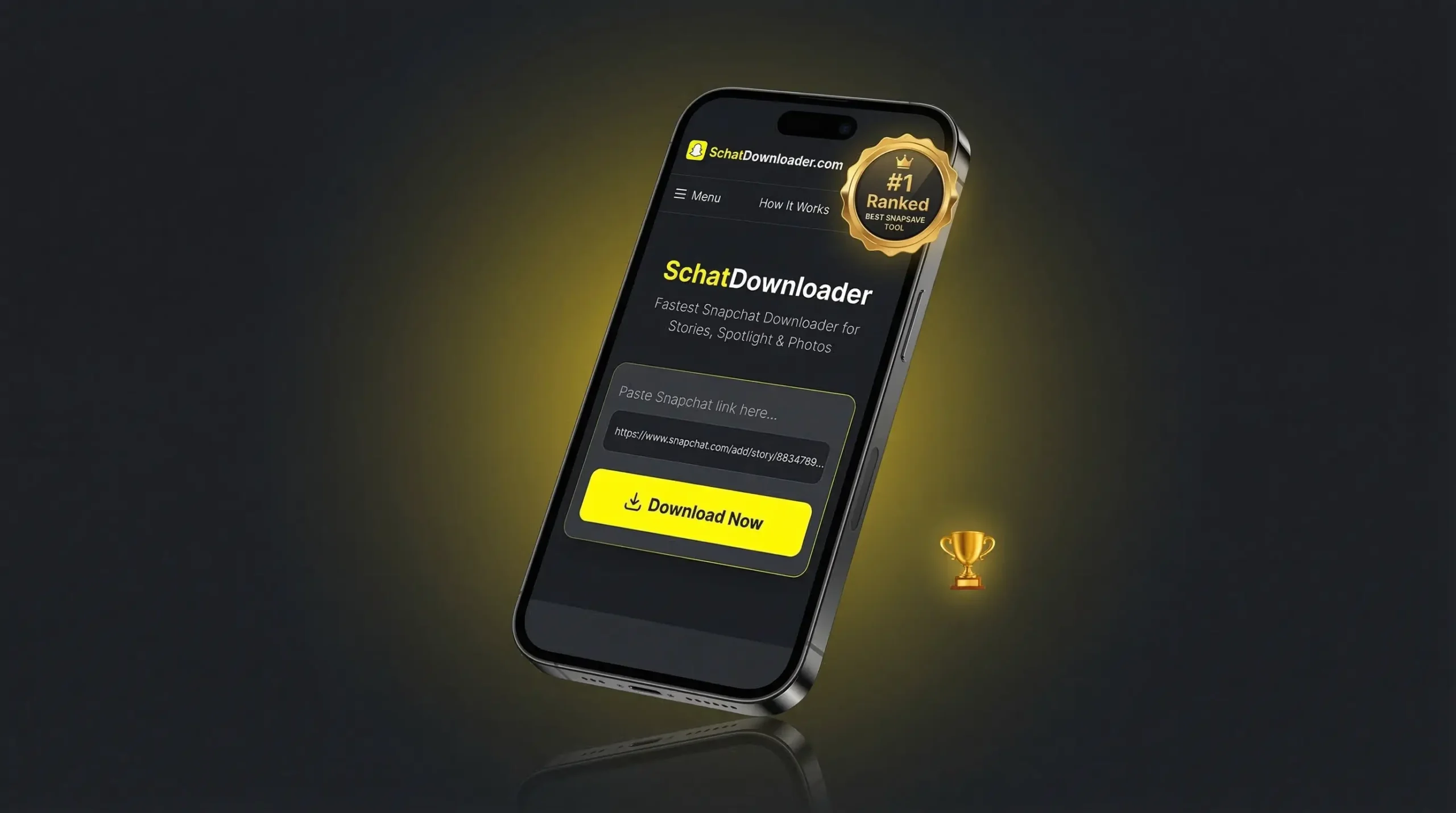 SchatDownloader homepage showing input field and yellow download button
