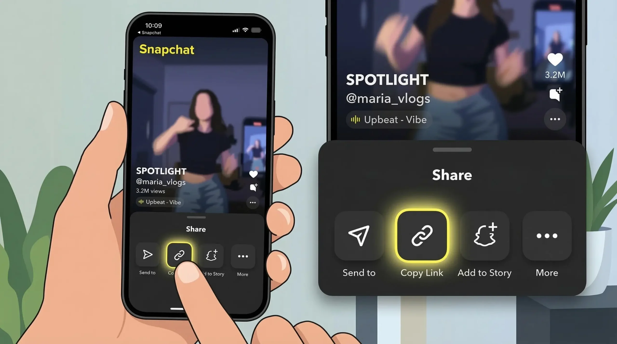 Step-by-step screenshots of copying Snapchat Spotlight link and pasting into SchatDownloader