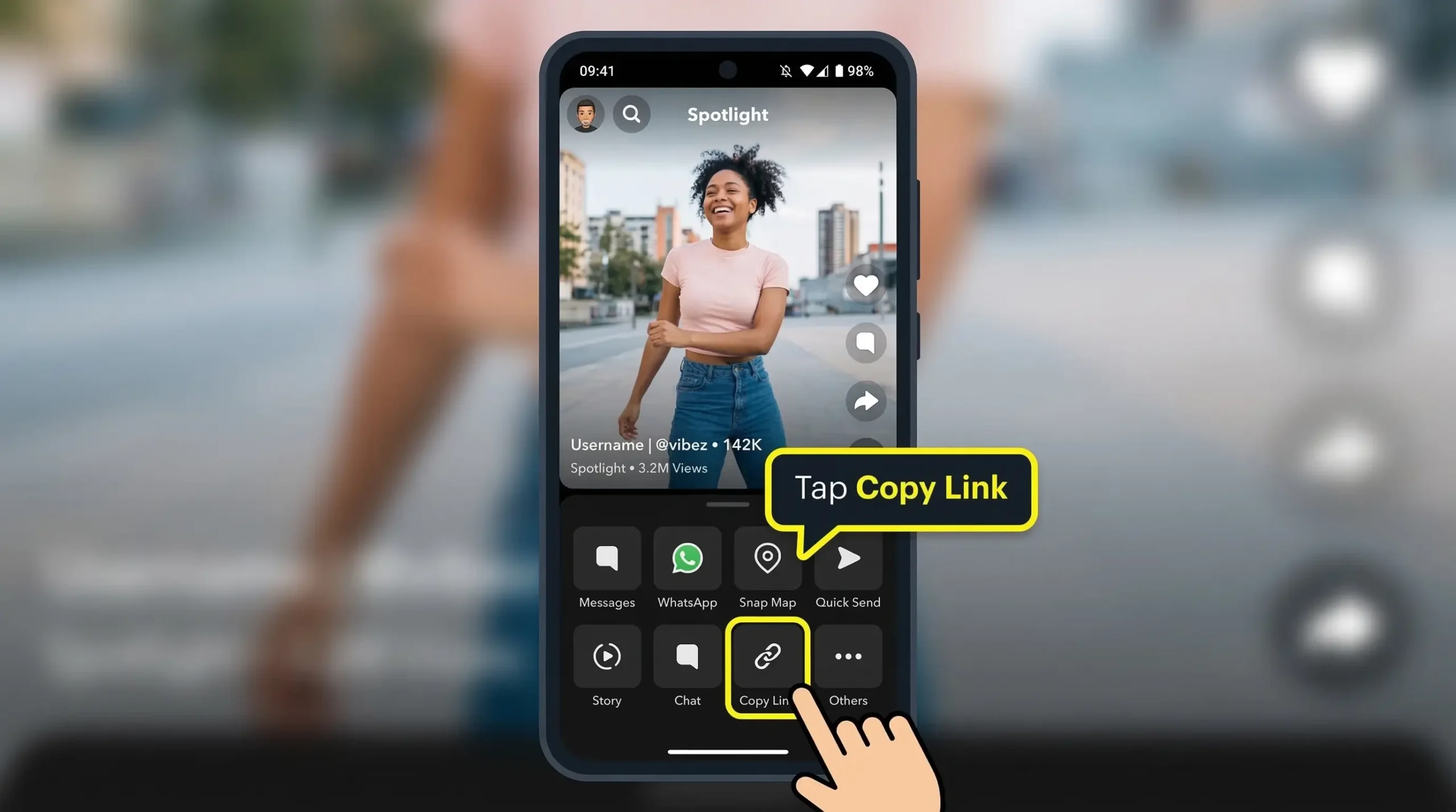 iPhone showing Snapchat Spotlight share menu, then SchatDownloader website in Safari browser